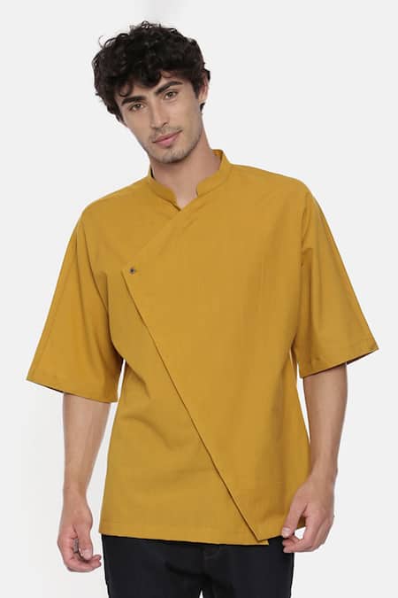 Buy Mayank Modi - Men Yellow Malai Cotton Overlap Short Kurta Online at Aza Fashions Buy_Mayank Modi - Men_Yellow Malai Cotton Overlap Short Kurta _Online_at_Aza_Fashions