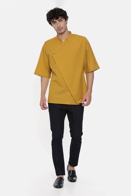 Shop Mayank Modi - Men Yellow Malai Cotton Overlap Short Kurta Online at Aza Fashions Shop_Mayank Modi - Men_Yellow Malai Cotton Overlap Short Kurta _Online_at_Aza_Fashions