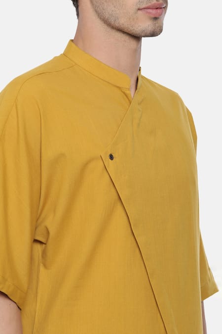 Mayank Modi - Men Yellow Malai Cotton Overlap Short Kurta at Aza Fashions Mayank Modi - Men_Yellow Malai Cotton Overlap Short Kurta _at_Aza_Fashions