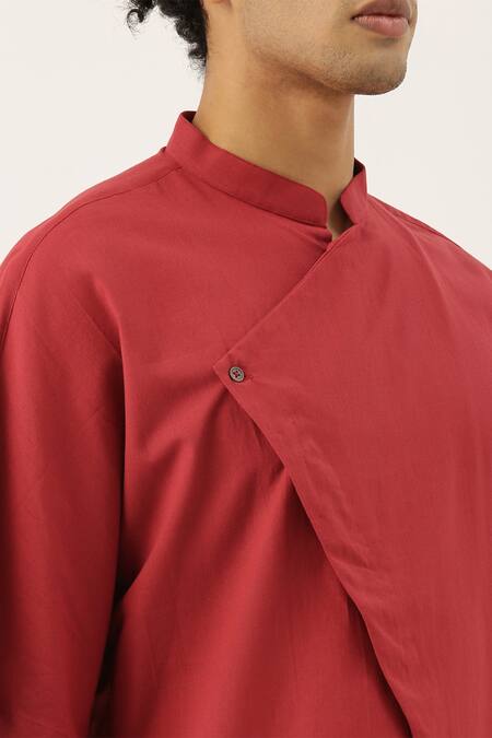Shop Mayank Modi - Men Red Malai Cotton Short Kurta Online at Aza Fashions Shop_Mayank Modi - Men_Red Malai Cotton Short Kurta _Online_at_Aza_Fashions