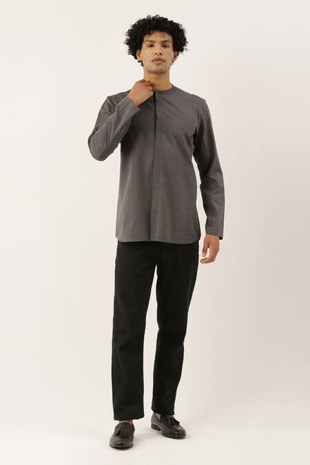 Buy_Mayank Modi - Men_Grey Malai Cotton Short Kurta _Online_at_Aza_Fashions