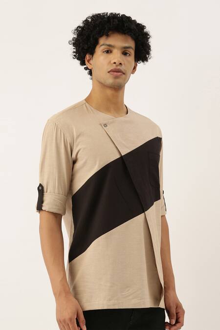 Mayank Modi - Men_Beige Cotton Beige-black Colorblock Short Kurta For Kids_Online_at_Aza_Fashions