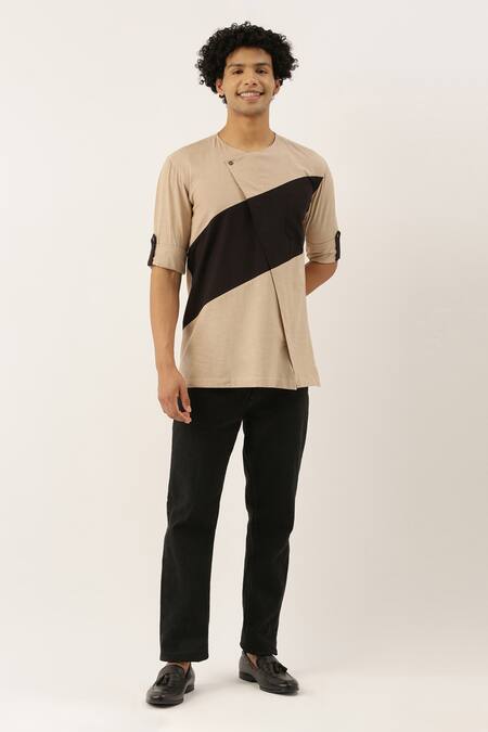 Buy_Mayank Modi - Men_Beige Cotton Beige-black Colorblock Short Kurta For Kids_Online_at_Aza_Fashions