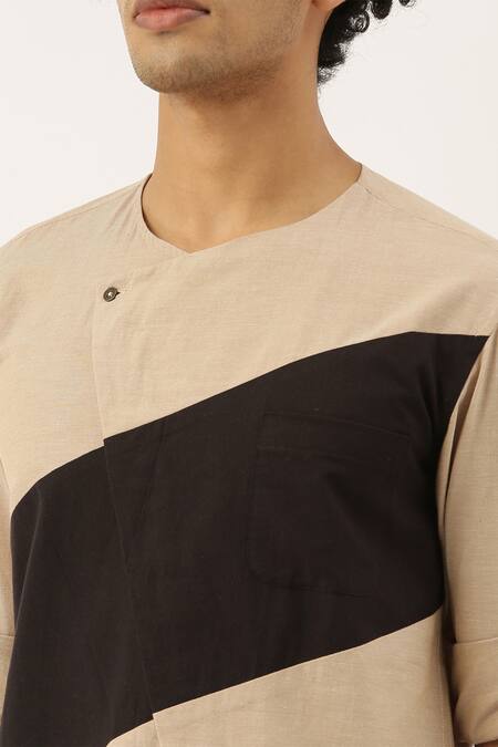 Shop_Mayank Modi - Men_Beige Cotton Beige-black Colorblock Short Kurta For Kids_Online_at_Aza_Fashions