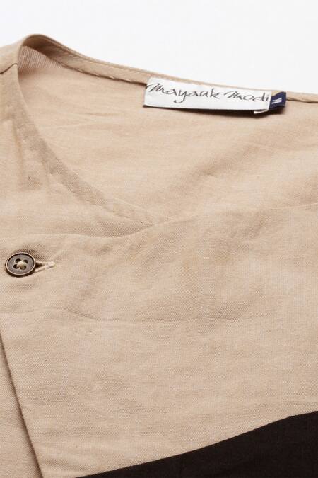 Mayank Modi - Men_Beige Cotton Beige-black Colorblock Short Kurta For Kids_at_Aza_Fashions