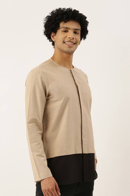Mayank Modi - Men_Beige Cotton Colorblock Short Kurta For Kids_Online_at_Aza_Fashions