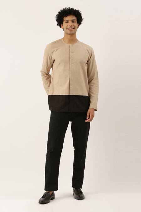 Buy_Mayank Modi - Men_Beige Cotton Colorblock Short Kurta For Kids_Online_at_Aza_Fashions