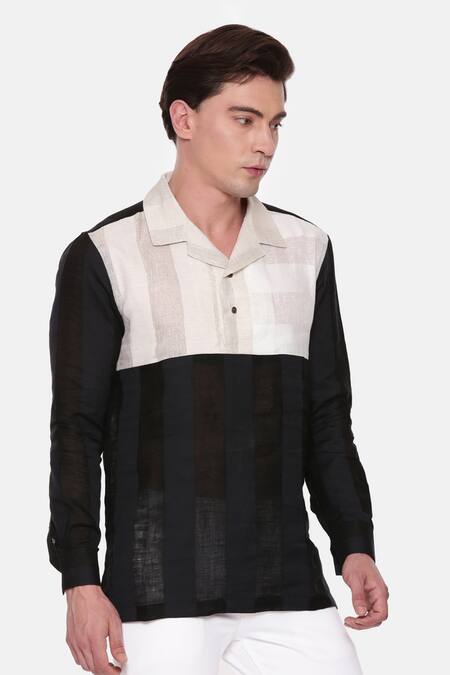 Shop_Mayank Modi - Men_Multi Color Linen Block Short Kurta _Online_at_Aza_Fashions