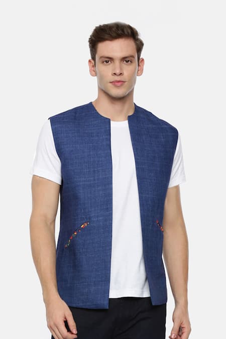 Mayank Modi - Men_Blue Linen Jacket _Online_at_Aza_Fashions