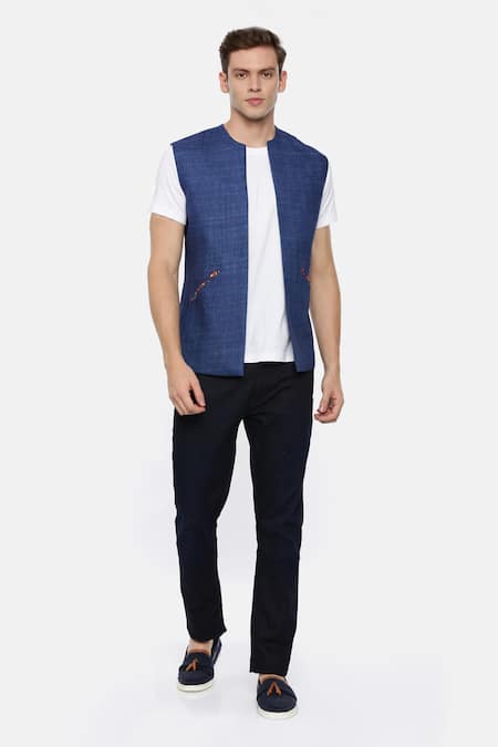 Buy_Mayank Modi - Men_Blue Linen Jacket _Online_at_Aza_Fashions