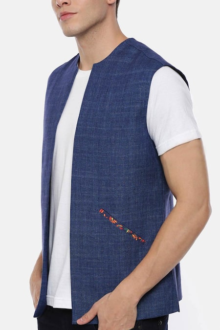 Shop_Mayank Modi - Men_Blue Linen Jacket _Online_at_Aza_Fashions