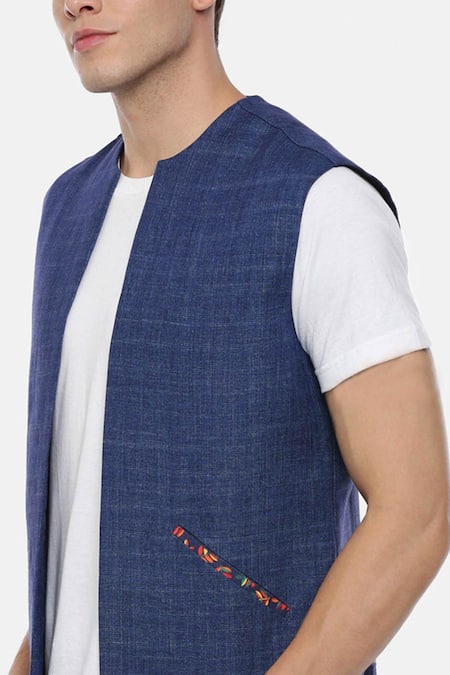 Mayank Modi - Men_Blue Linen Jacket _at_Aza_Fashions