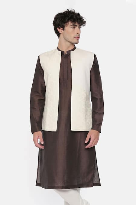 Mayank Modi - Men Beige Silk, Jacquard Nehru Jacket For Kids Online at Aza Fashions Mayank Modi - Men_Beige Silk, Jacquard Nehru Jacket For Kids_Online_at_Aza_Fashions