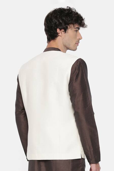 Mayank Modi - Men Beige Silk Jacquard Nehru Jacket For Kids