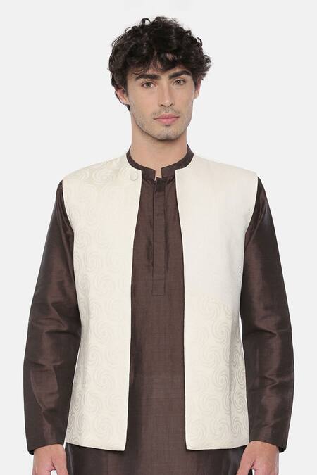 Shop Mayank Modi - Men Beige Silk, Jacquard Nehru Jacket For Kids Online at Aza Fashions Shop_Mayank Modi - Men_Beige Silk, Jacquard Nehru Jacket For Kids_Online_at_Aza_Fashions