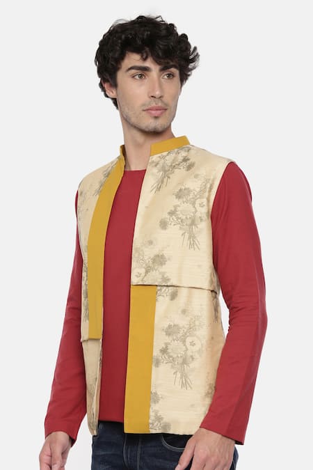 Mayank Modi - Men_Beige Chanderi Cotton Floral Print Bundi_Online_at_Aza_Fashions
