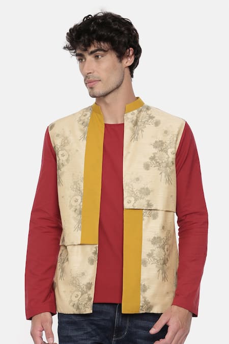 Buy_Mayank Modi - Men_Beige Chanderi Cotton Floral Print Bundi_Online_at_Aza_Fashions