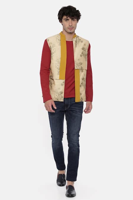 Shop_Mayank Modi - Men_Beige Chanderi Cotton Floral Print Bundi_Online_at_Aza_Fashions