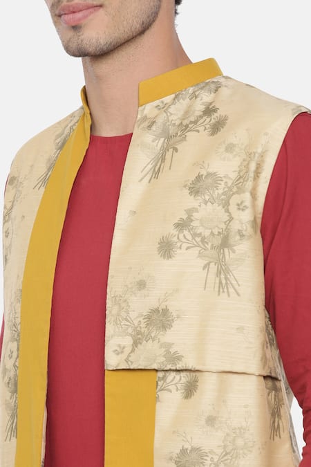 Mayank Modi - Men_Beige Chanderi Cotton Floral Print Bundi_at_Aza_Fashions