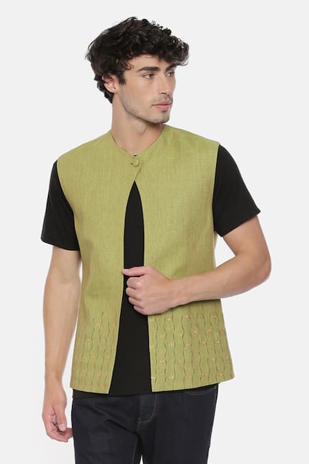 Mayank Modi - Men Green Linen Embroidered Nehru Jacket  