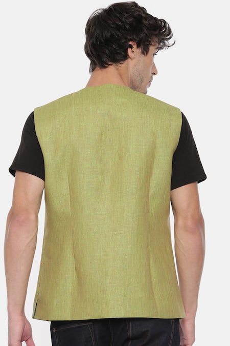 Shop_Mayank Modi - Men_Green Linen Embroidered Nehru Jacket _at_Aza_Fashions