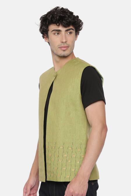 Mayank Modi - Men_Green Linen Embroidered Nehru Jacket _Online_at_Aza_Fashions