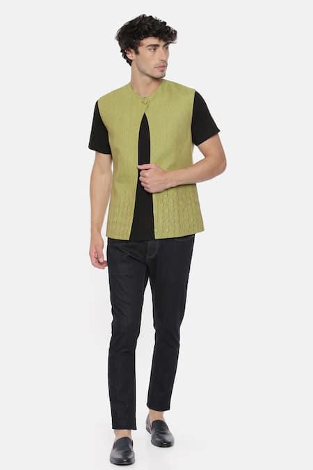 Shop_Mayank Modi - Men_Green Linen Embroidered Nehru Jacket _Online_at_Aza_Fashions