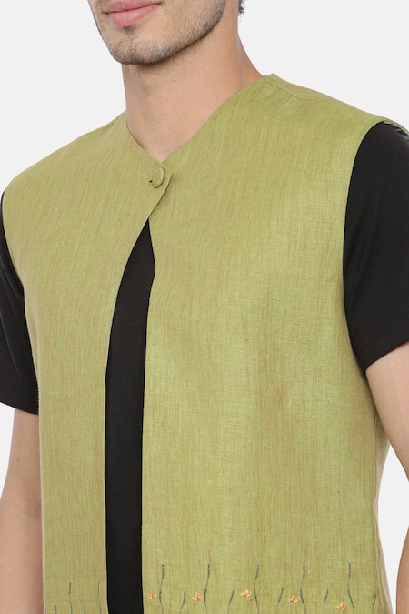 Mayank Modi - Men_Green Linen Embroidered Nehru Jacket _at_Aza_Fashions