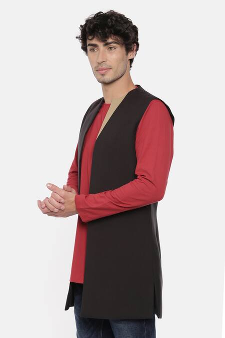 Mayank Modi - Men_Black Malai Cotton Longline Bundi_Online_at_Aza_Fashions