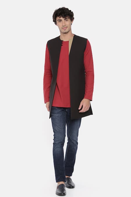 Shop_Mayank Modi - Men_Black Malai Cotton Longline Bundi_Online_at_Aza_Fashions