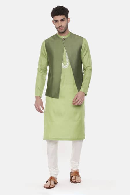 Mayank Modi - Men Green Silk Cotton Embroidered Pintuck Nehru Jacket 