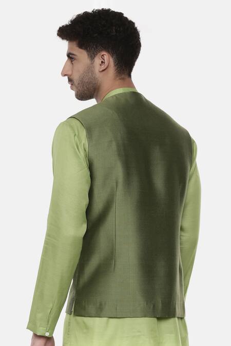 Shop_Mayank Modi - Men_Green Chanderi, Silk Cotton Pintuck Embroidered Nehru Jacket _at_Aza_Fashions