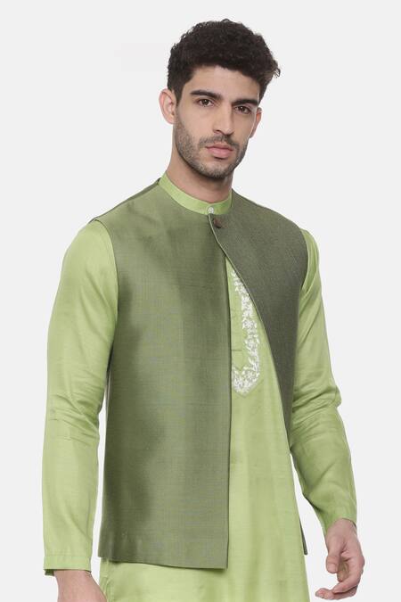 Mayank Modi - Men_Green Chanderi, Silk Cotton Pintuck Embroidered Nehru Jacket _Online_at_Aza_Fashions