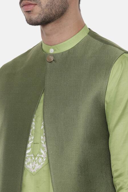Mayank Modi - Men_Green Chanderi, Silk Cotton Pintuck Embroidered Nehru Jacket _at_Aza_Fashions