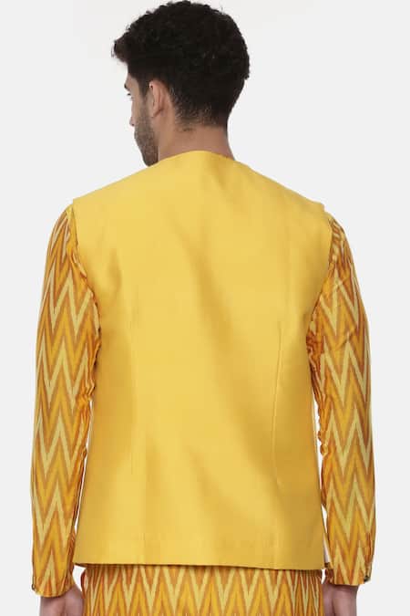 Shop_Mayank Modi - Men_Yellow Chanderi, Silk Cotton Pintuck Embroidered Nehru Jacket _at_Aza_Fashions