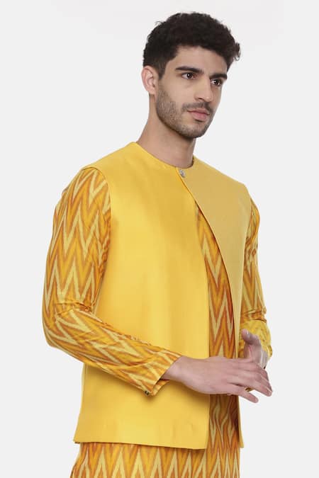Mayank Modi - Men_Yellow Chanderi, Silk Cotton Pintuck Embroidered Nehru Jacket _Online_at_Aza_Fashions