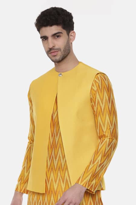 Buy_Mayank Modi - Men_Yellow Chanderi, Silk Cotton Pintuck Embroidered Nehru Jacket _Online_at_Aza_Fashions