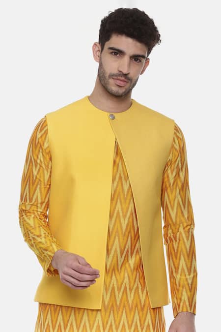 Shop_Mayank Modi - Men_Yellow Chanderi, Silk Cotton Pintuck Embroidered Nehru Jacket _Online_at_Aza_Fashions