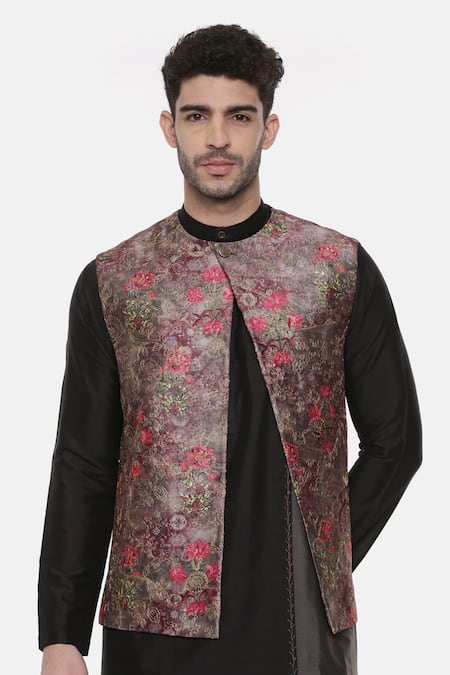 Shop_Mayank Modi - Men_Pink Chanderi, Silk Embroidery Floral Print Nehru Jacket For Kids_Online_at_Aza_Fashions
