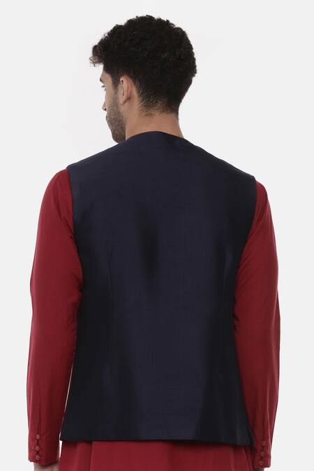 Shop_Mayank Modi - Men_Blue Chanderi, Silk Cotton Pintuck Embroidered Nehru Jacket _at_Aza_Fashions