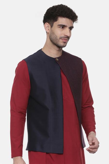 Mayank Modi - Men_Blue Chanderi, Silk Cotton Pintuck Embroidered Nehru Jacket _Online_at_Aza_Fashions