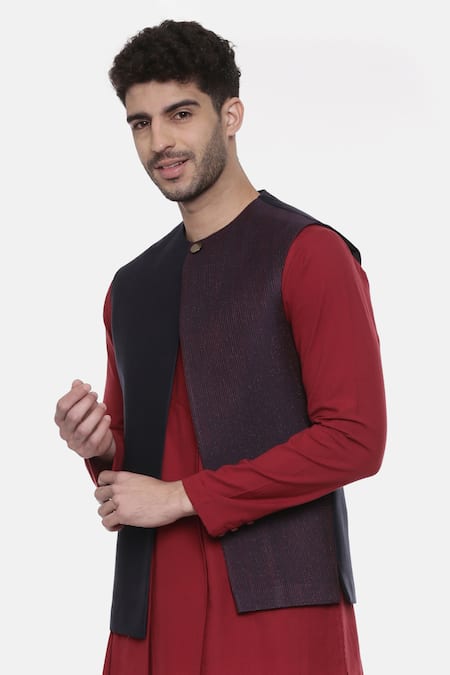 Buy_Mayank Modi - Men_Blue Chanderi, Silk Cotton Pintuck Embroidered Nehru Jacket _Online_at_Aza_Fashions