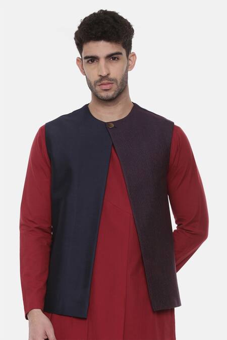 Shop_Mayank Modi - Men_Blue Chanderi, Silk Cotton Pintuck Embroidered Nehru Jacket _Online_at_Aza_Fashions