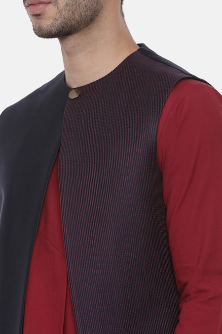 Mayank Modi - Men_Blue Chanderi, Silk Cotton Pintuck Embroidered Nehru Jacket _at_Aza_Fashions