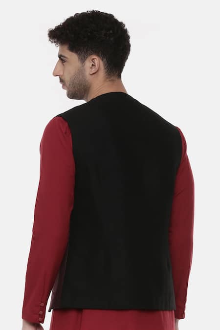 Shop_Mayank Modi - Men_Black Chanderi, Silk Cotton Pintuck Embroidered Nehru Jacket _at_Aza_Fashions