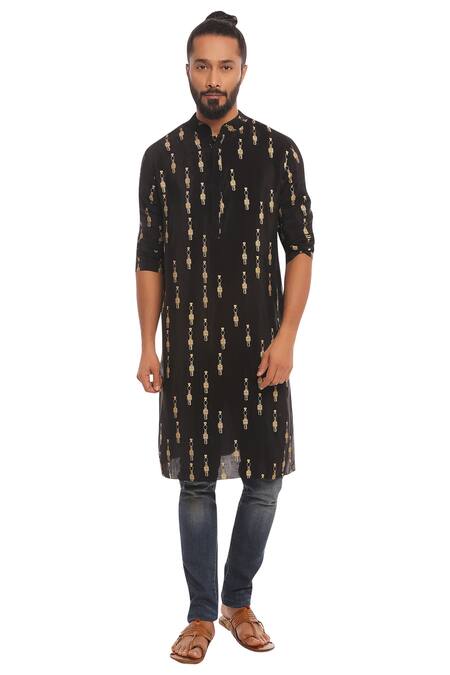 Buy_Masaba_Black Natural Crepe Motif Tribal Print Kurta_Online_at_Aza_Fashions