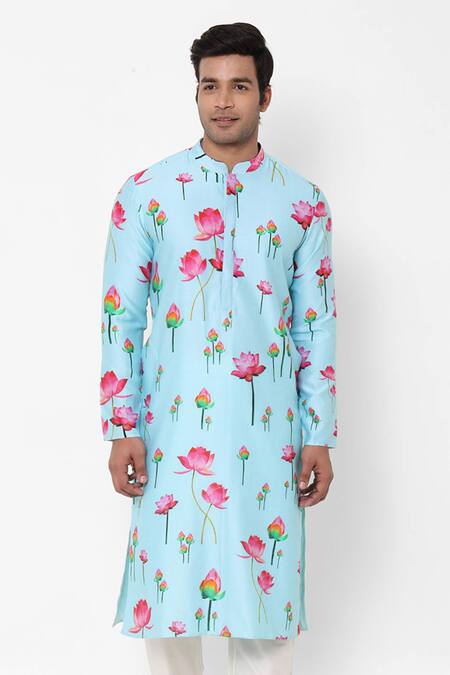 Shop_Masaba_Blue Chanderi Lotus Print Kurta_Online_at_Aza_Fashions