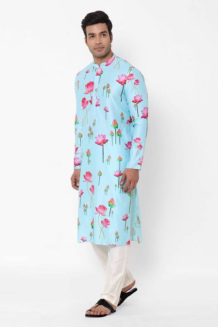 Buy_Masaba_Blue Chanderi Lotus Print Kurta_Online_at_Aza_Fashions