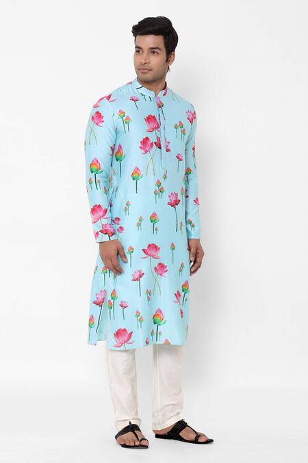 Masaba_Blue Chanderi Lotus Print Kurta_Online_at_Aza_Fashions