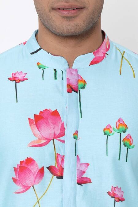 Masaba_Blue Chanderi Lotus Print Kurta_at_Aza_Fashions